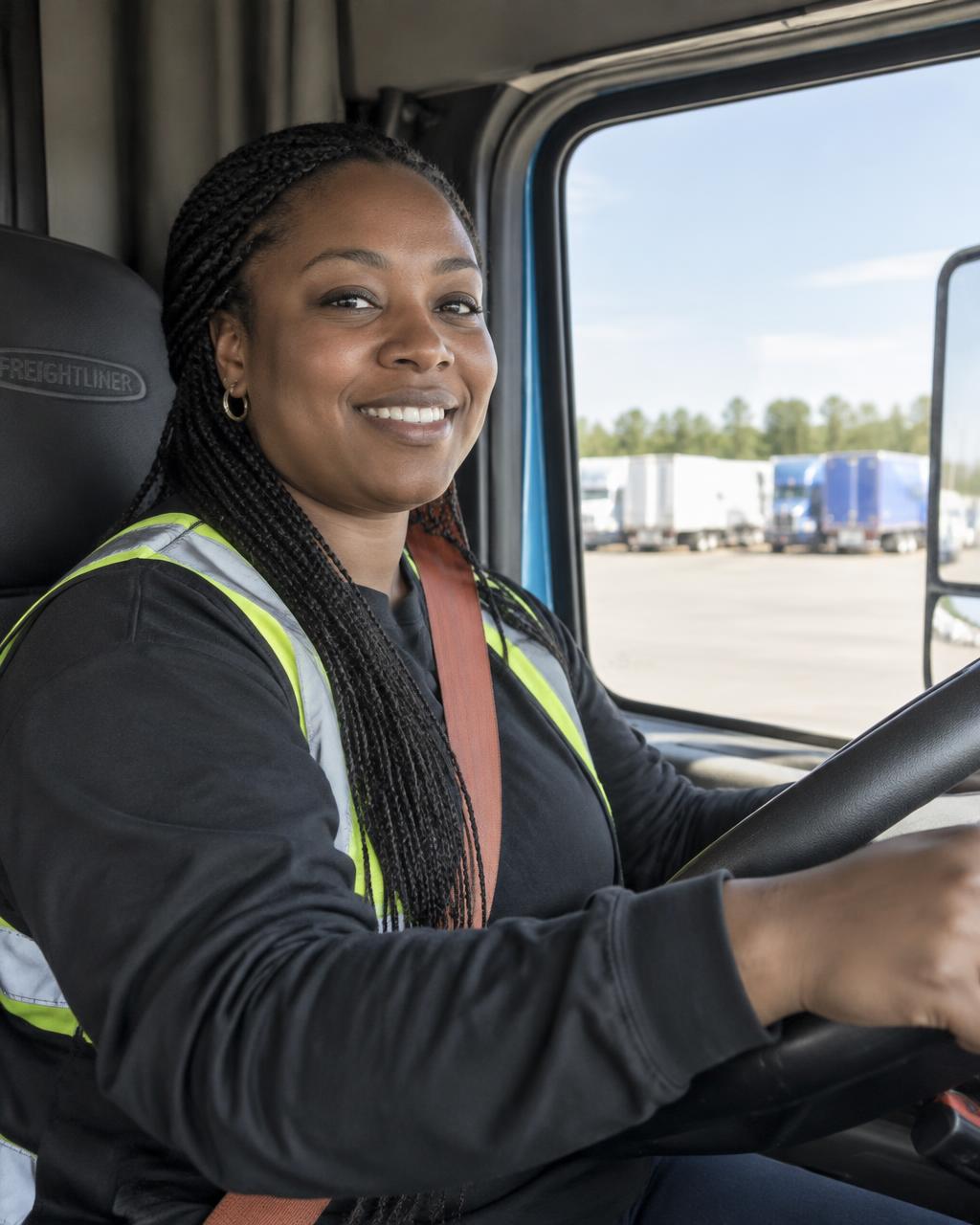 A Black woman truck driver in her cab