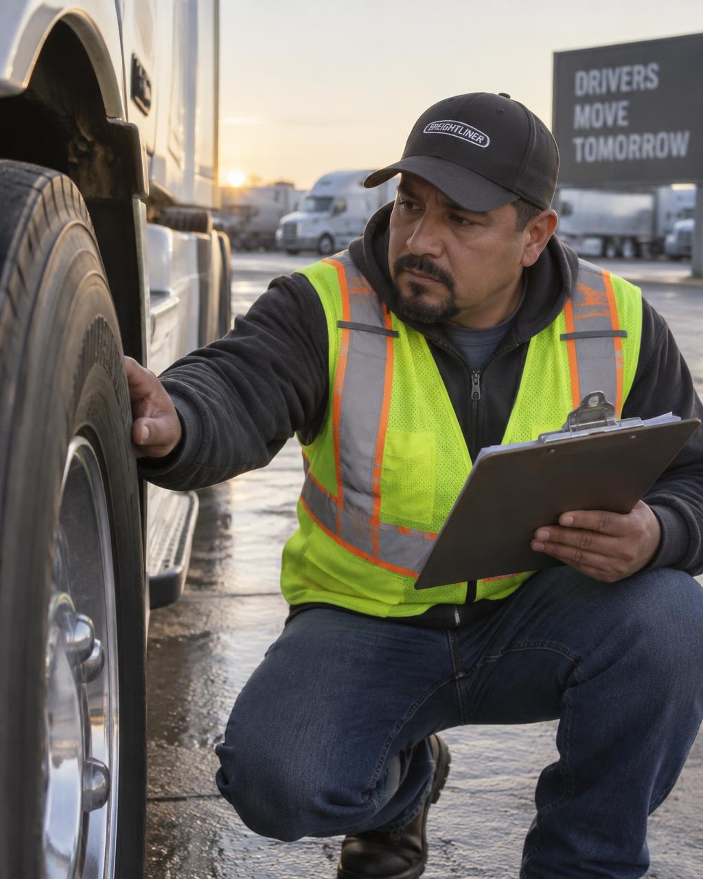A Hispanic truck driver checking his trailer