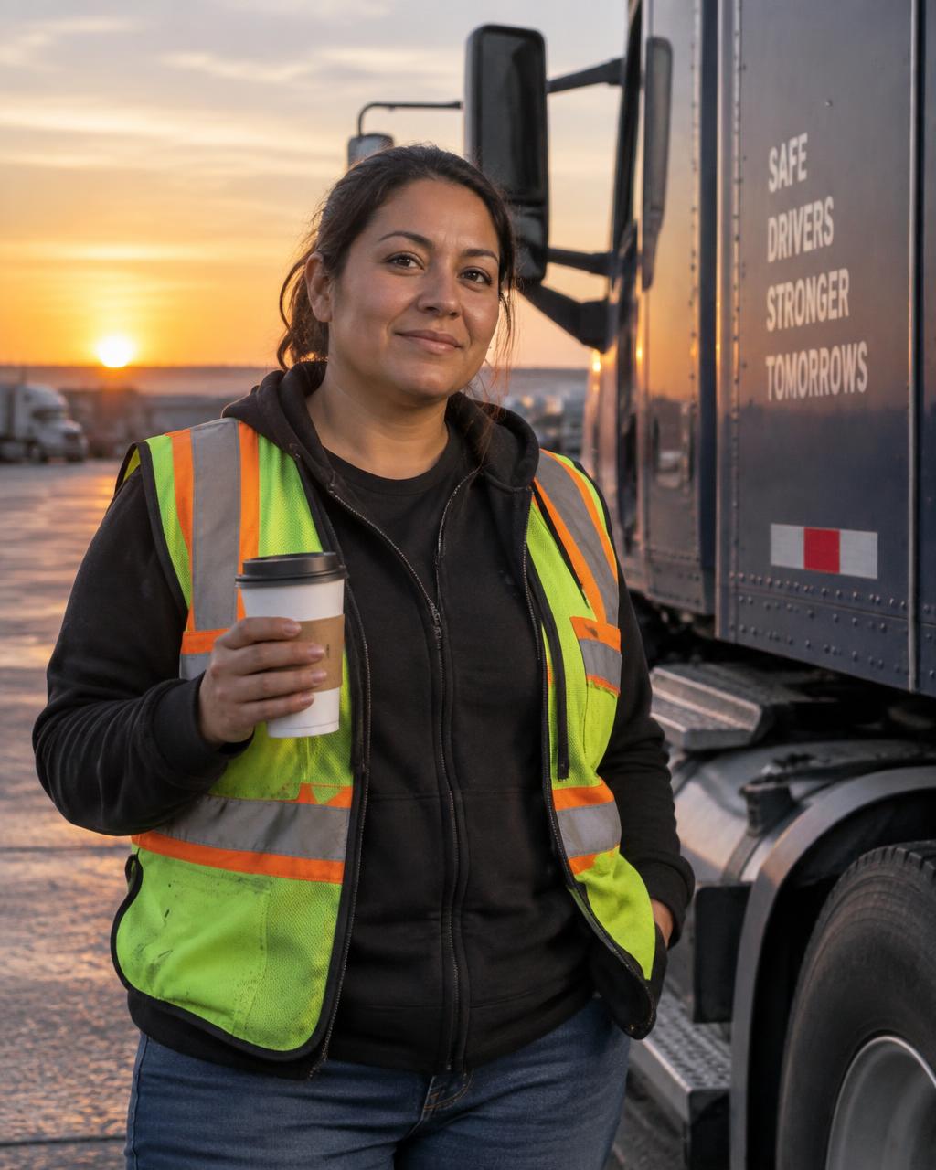 A Latina truck driver beside her truck