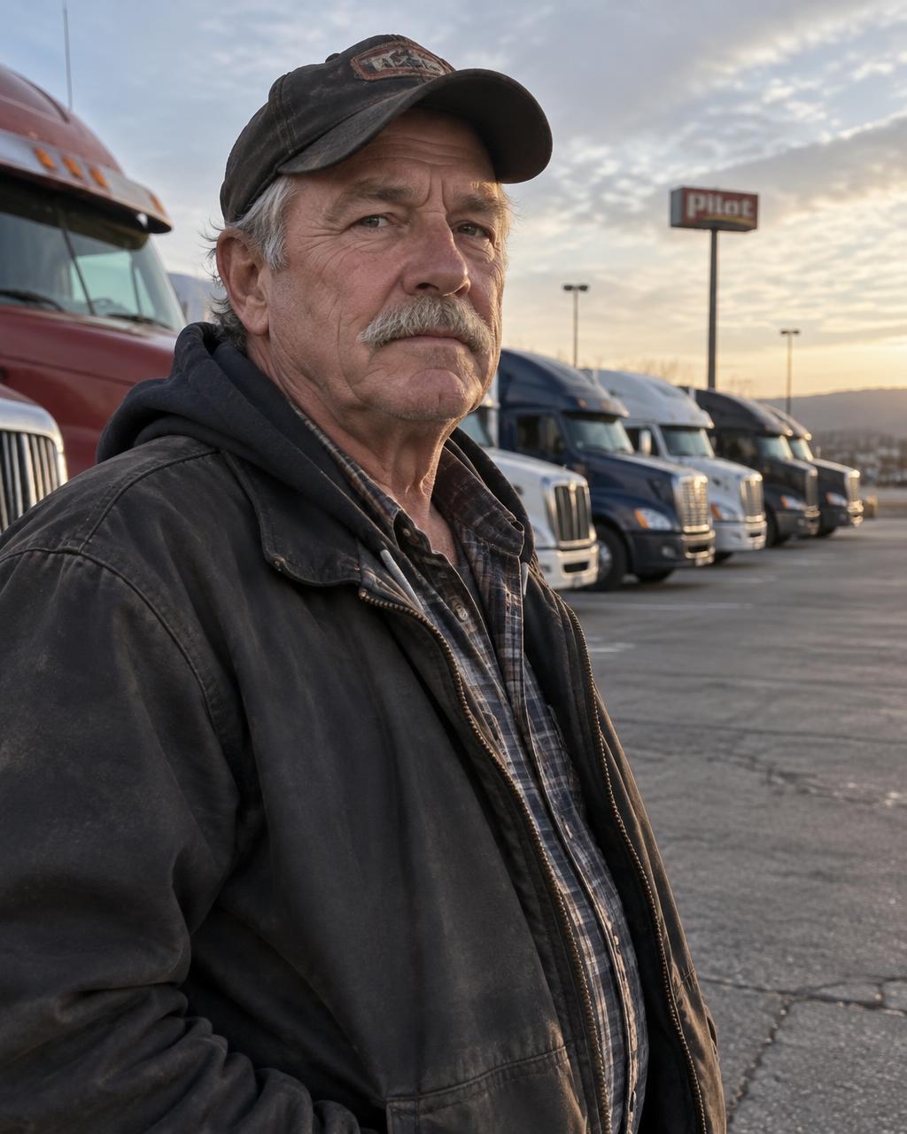 An older white truck driver leaning on his door