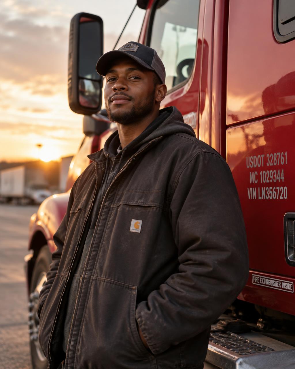 A young Black truck driver standing by his rig